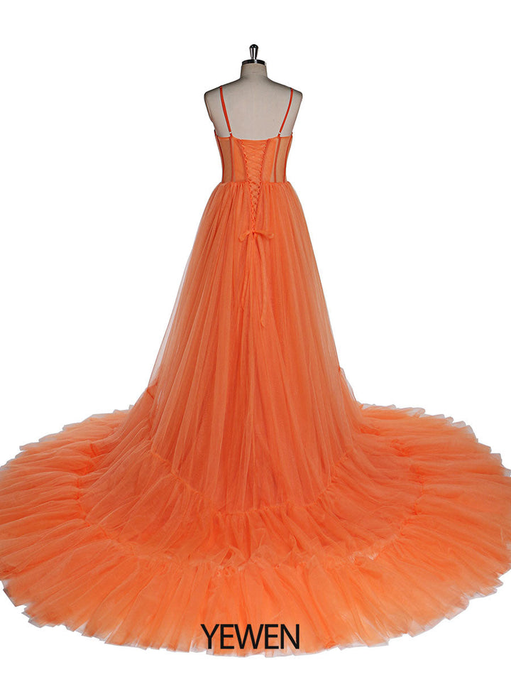 Oranges Tüll Abendkleid Lang Damen Formales Abschlussballkleid Flauschiges Maxi Fotoshootingkleid Hochzeitsgästekleid YEWEN 