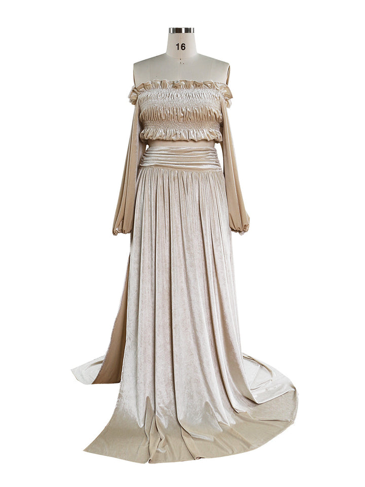 Zweiteiliges Set aus creme-beigem Samt-Crop-Top und langem Rock, Maxi-Samtkleid für Damen mit Beinschlitz, YW220929 