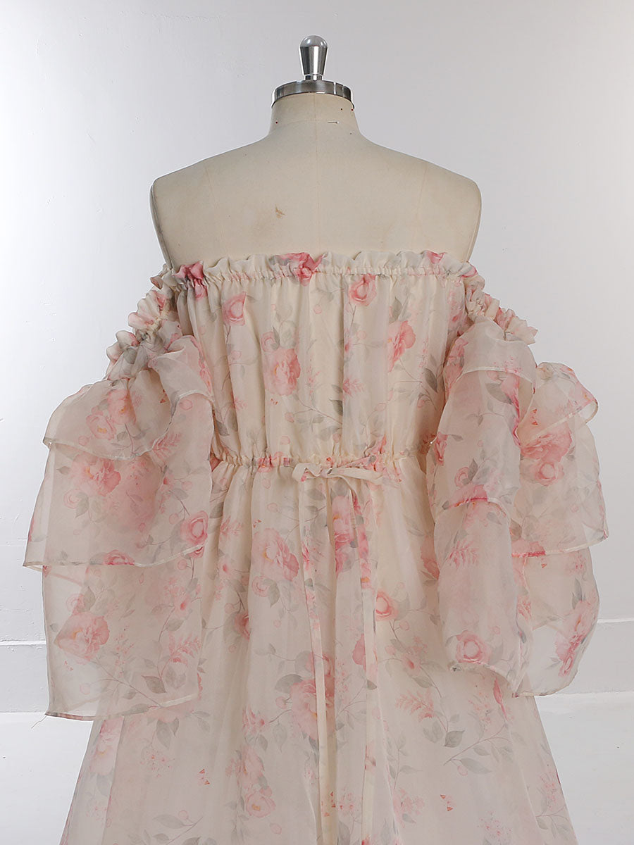 Trägerloses Umstandskleid Fotoshooting Print Floral Seide Weicher Organza Frau Maxikleid Seitenschlitz YW231002 