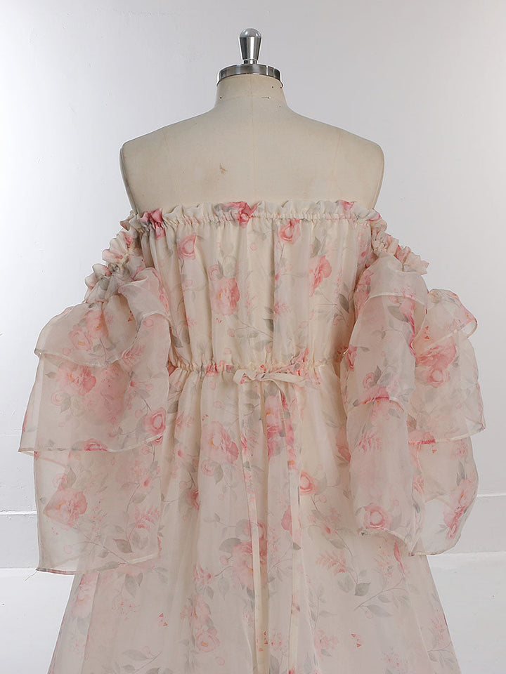 Trägerloses Umstandskleid Fotoshooting Print Floral Seide Weicher Organza Frau Maxikleid Seitenschlitz YW231002 