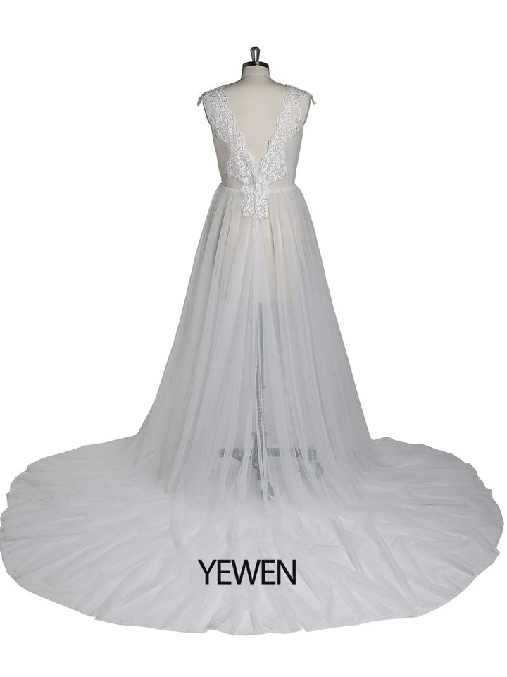 Elegantes ärmelloses sexy Tüll-Spitzen-Maxi-Brautkleid mit Schlitz, Umstandskleid für Fotoshooting 