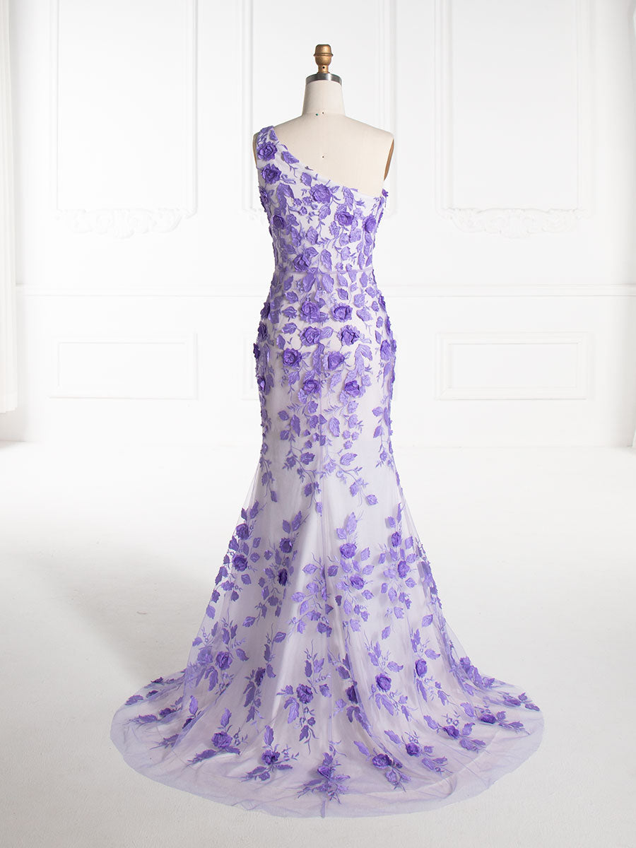 Mermaid One Shoulder, Purple Embroidery Lace, Prom Dresses 