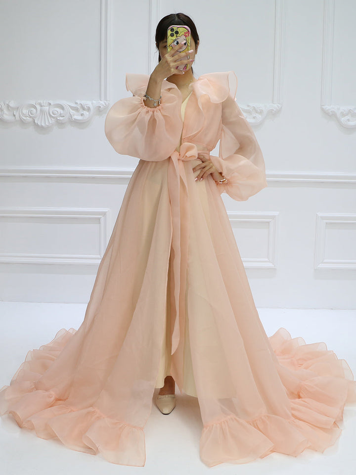 Umstandskleid aus Seidenorganza mit Puffärmeln für Fotoshootings, Boho-Fotografiekleid YW231095 
