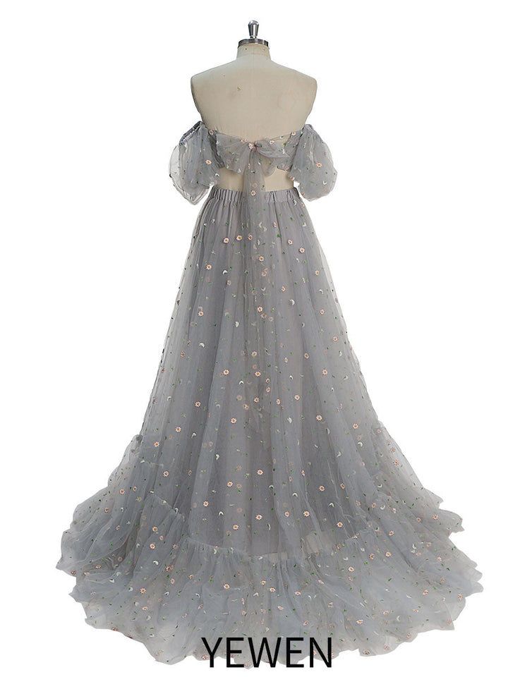 Tüll mit Stickereien, 2-teiliges Set für Damen, Maxikleid, elastische Taille, Fotoshooting-Kleid YW231030