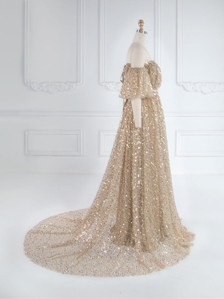 2-teiliges Set, goldene Pailletten mit Perlen, Boho-Umstandskleid für Fotoshooting, Schwangerschaftsfotografie, Babyparty-Kleid, YW243162 