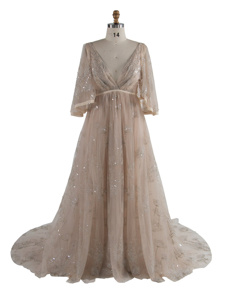 Boho glitzernde Stickerei V-Ausschnitt Umstands-Fotoshooting-Kleid Strand-Fotoshooting-Outfits YW250024