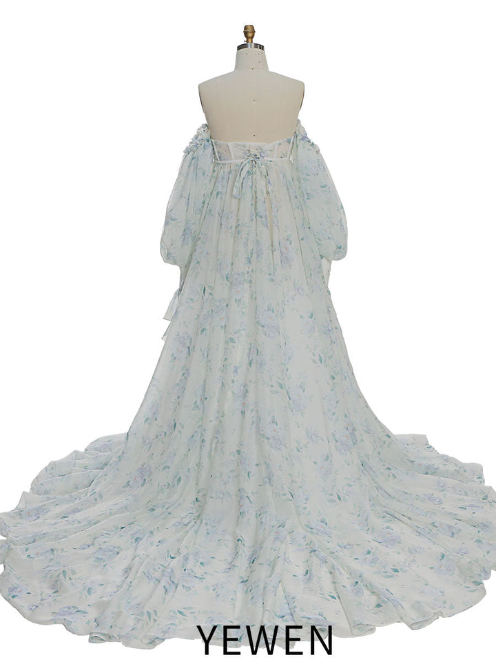 Umstandskleid Fotoshooting Print Blumenmuster Seide Weicher Organza Schulterfreies Maxikleid mit Schleppe YW230305 