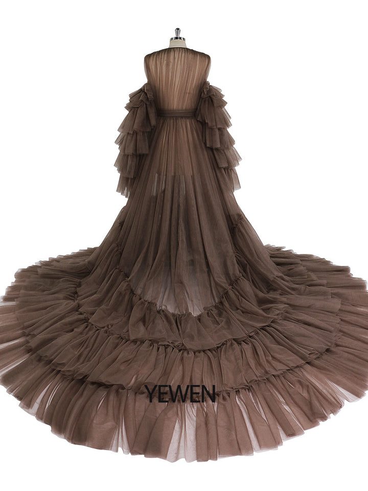 Tüll-Robe Umstandskleid für Fotoshootings Gerüschte Vorderseite Offenes Abendkleid Fotografiekleid YEWEN YW220934-1 