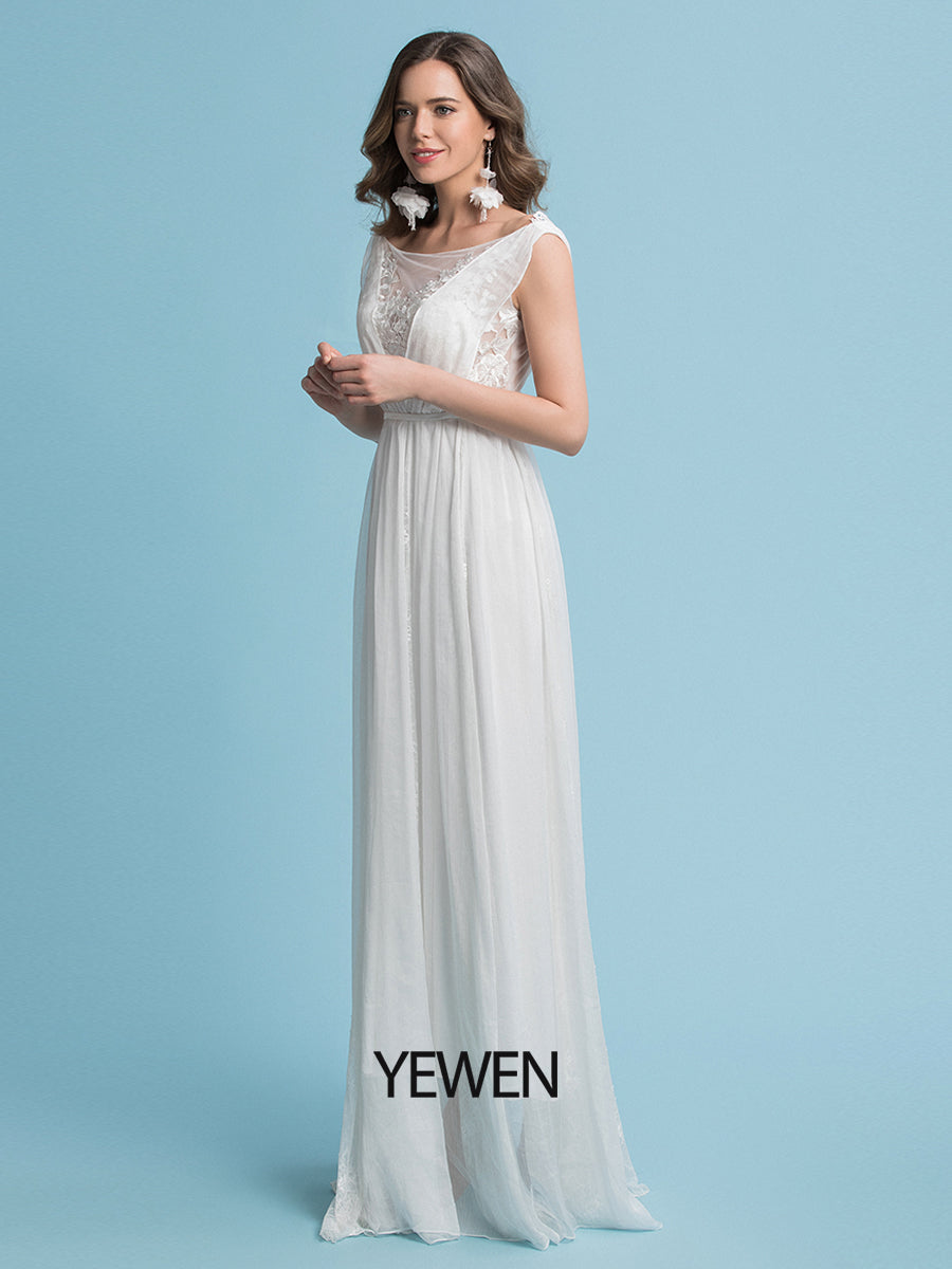 Bodenlanges Brautkleid aus Chiffon mit Blumenmuster und Spitze und Schleppe 