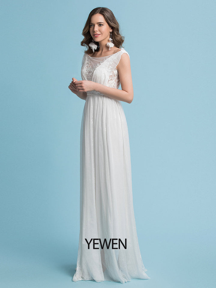 Bodenlanges Brautkleid aus Chiffon mit Blumenmuster und Spitze und Schleppe 