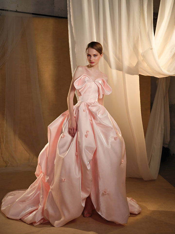 High-End-Mode Candy Pink Satin Cascading Rüschen Ballkleid Hochzeit Partykleid 