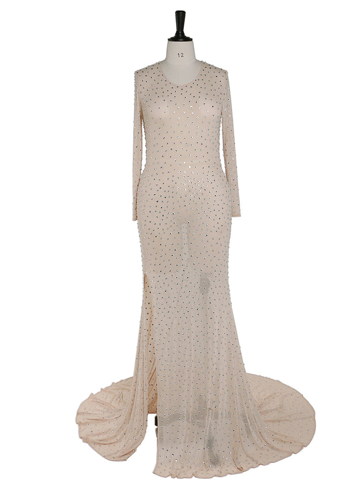Elegantes Umstandskleid mit Rundhalsausschnitt und Kristallen, sexy, durchsichtiges Maxikleid aus Spandex-Netzstoff, Kleid für Fotoshootings