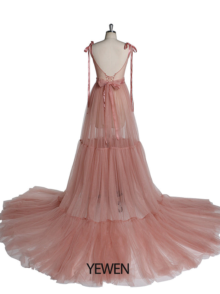 Ärmelloses, sexy Abendkleid mit V-Ausschnitt und Schlitz für Fotoshootings YW2025