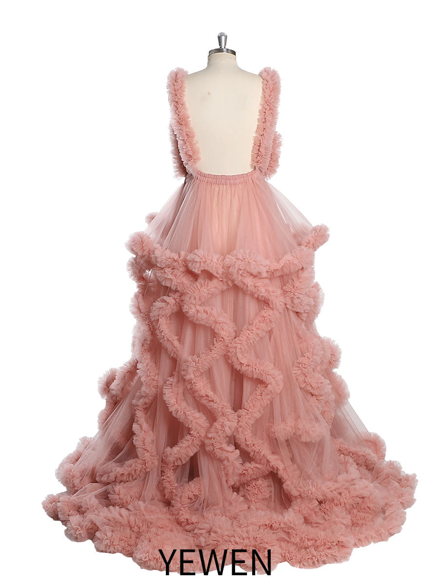 V-Ausschnitt Tüll Volle Rüschen Rückenfreies Wolkenkleid Umstandskleid für Fotoshooting YW243132 