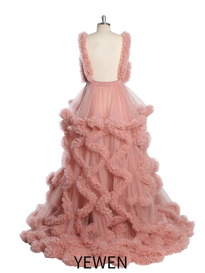 V-Ausschnitt Tüll Volle Rüschen Rückenfreies Wolkenkleid Umstandskleid für Fotoshooting YW243132 