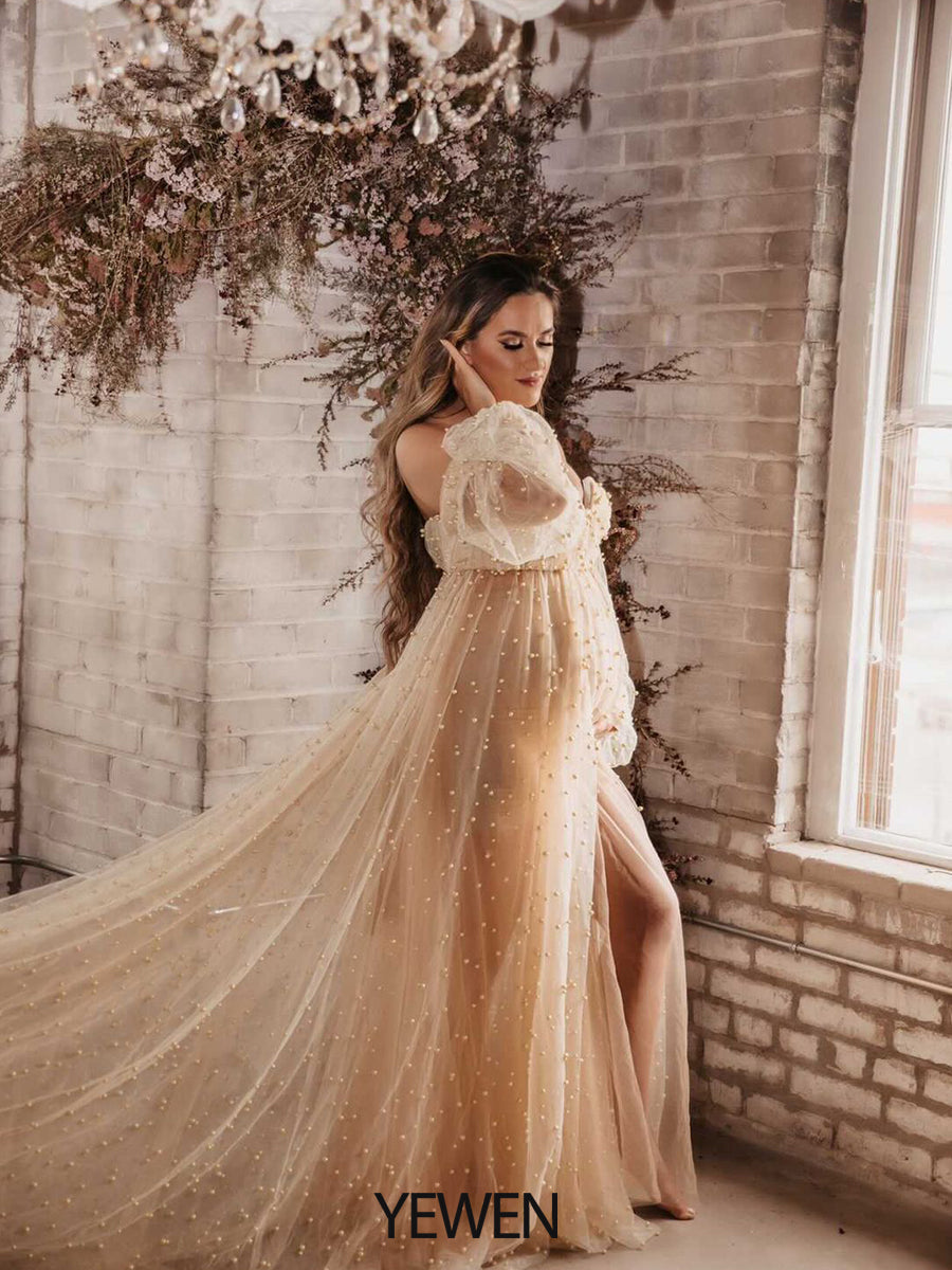 Schulterfreies, elfenbeinfarbenes, langärmliges Umstandskleid mit Perlen vorne und offen, Fotoshooting-Kleid für Damen LT024 