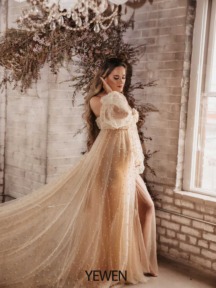 Schulterfreies, elfenbeinfarbenes, langärmliges Umstandskleid mit Perlen vorne und offen, Fotoshooting-Kleid für Damen LT024 