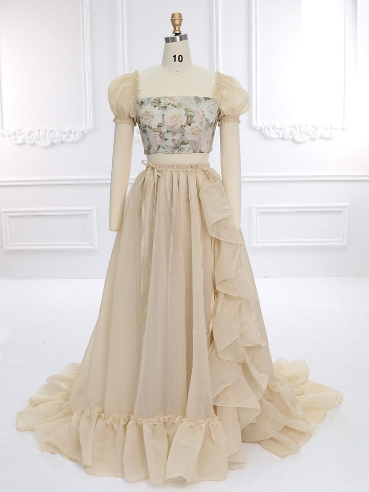 Boho Druck Floral Baumwolle Top Rüschen Rock Maxi Kleid Foto-shooting Kleider Outfit YW231143 