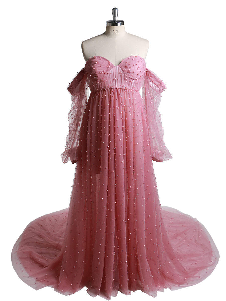 Schulterfreies, elfenbeinfarbenes, langärmliges Umstandskleid mit Perlen vorne und offen, Fotoshooting-Kleid für Damen LT024 