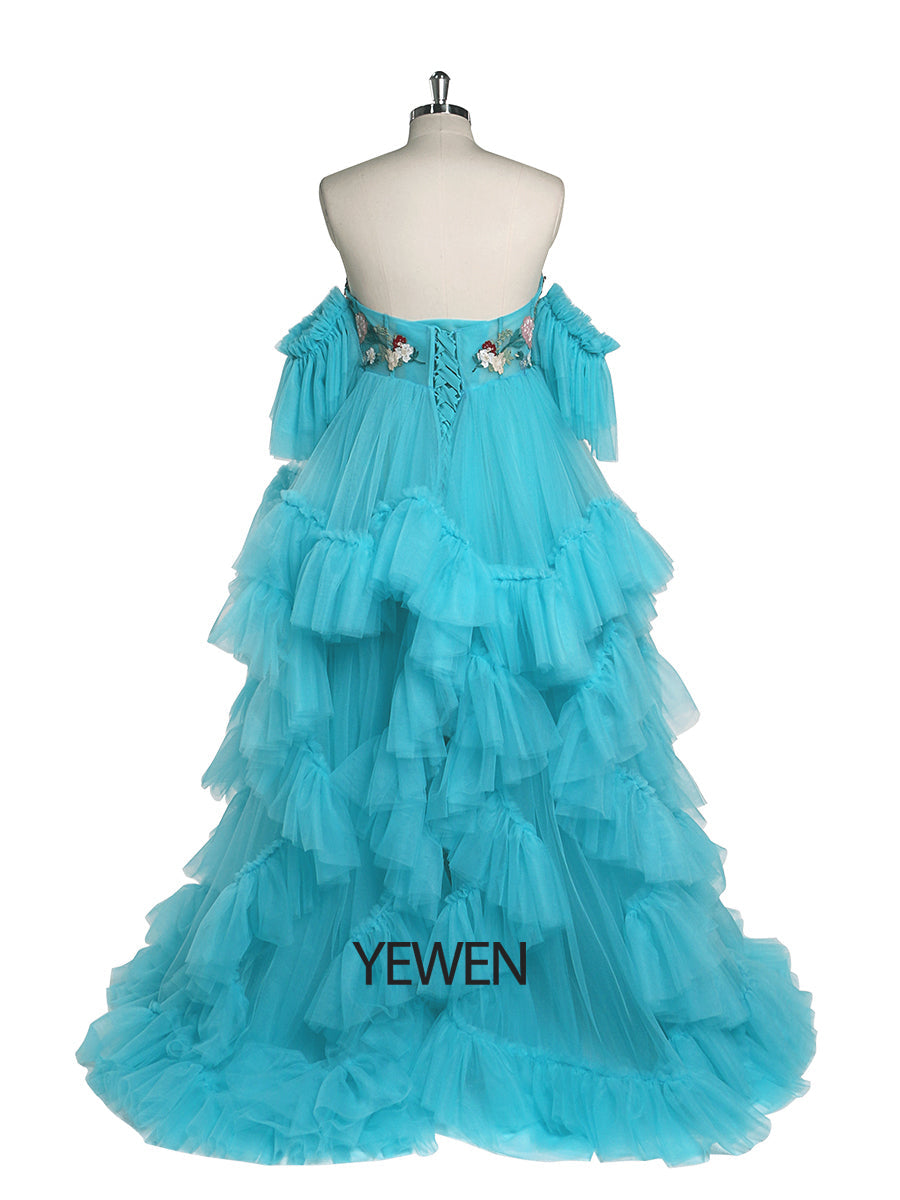 Tüll mit Stickerei Spitze Umstandskleid für Foto-Shooting Rüschen Maxi Frau Fotografie Kleid Outfit YW220628 