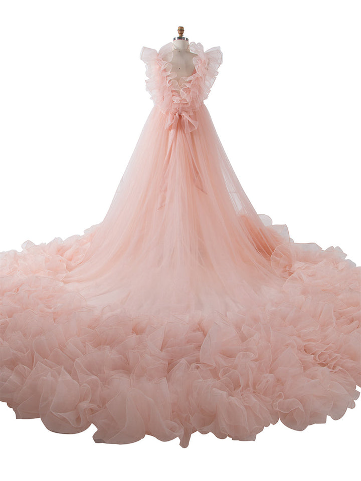 Long Train Ruffles Tulle Red Wedding Dress Photo Shoot Dress YW230920