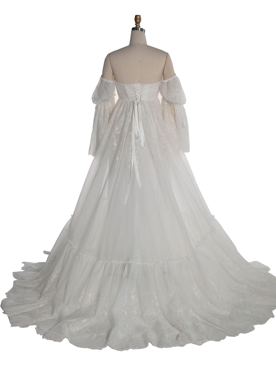 Elegantes schulterfreies Boho-Spitzenkleid für Fotoshootings, Umstandsbrautkleid YW240119 