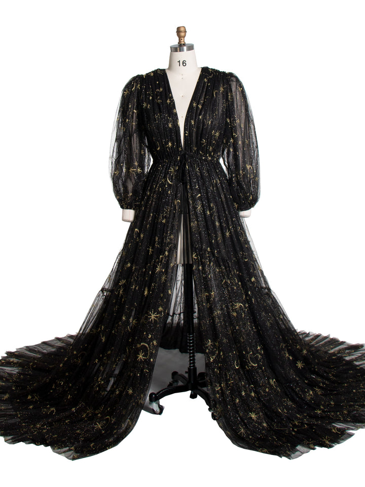 Schwarzer Tüll mit bestickten goldenen Sternen, lange Ärmel, durchsichtiges Fotoshooting-Kleid YW220217-1 