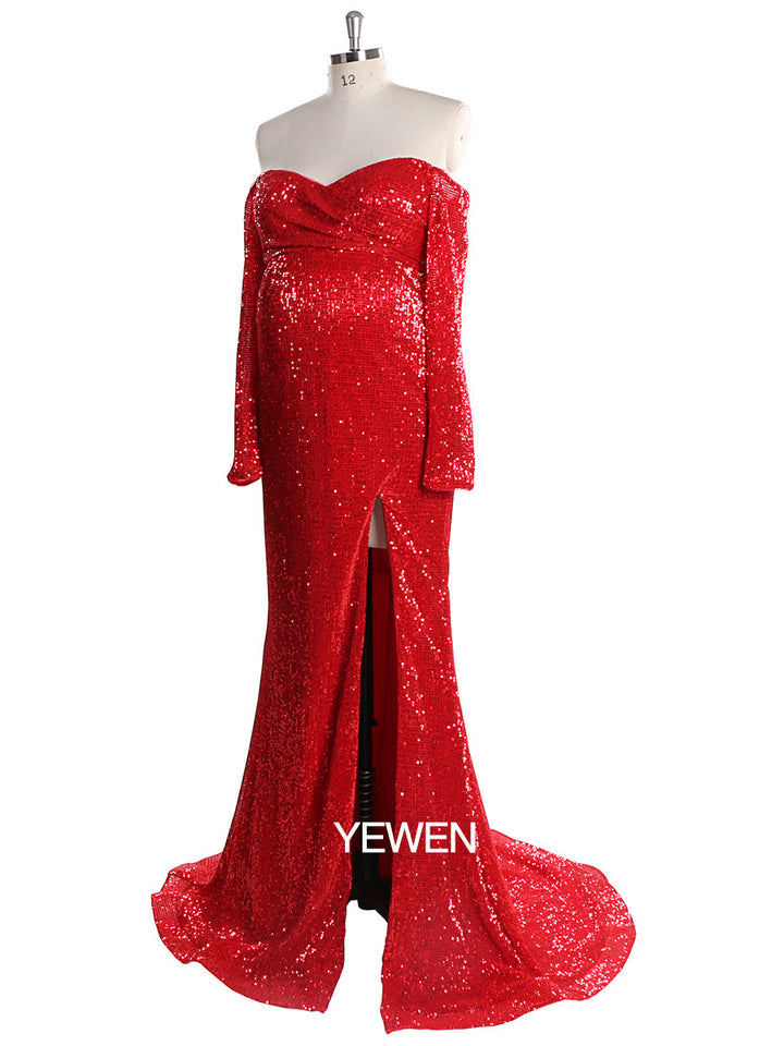 Langärmliges Pailletten-V-Ausschnitt-Abendkleid mit offener Vorderseite und Stretch-Bauch