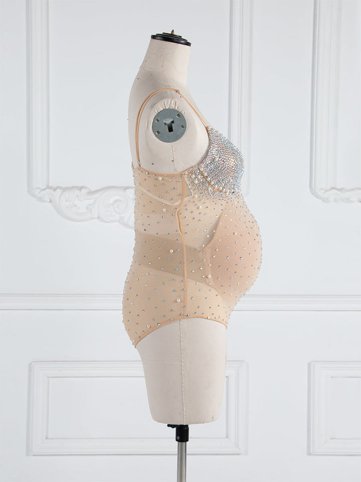 Dehnbarer Netz-Umstandsbodysuit mit Strasssteinen und Perlen, Schwangerschafts-Fotoshooting, figurbetonter Strampler #GJ001 