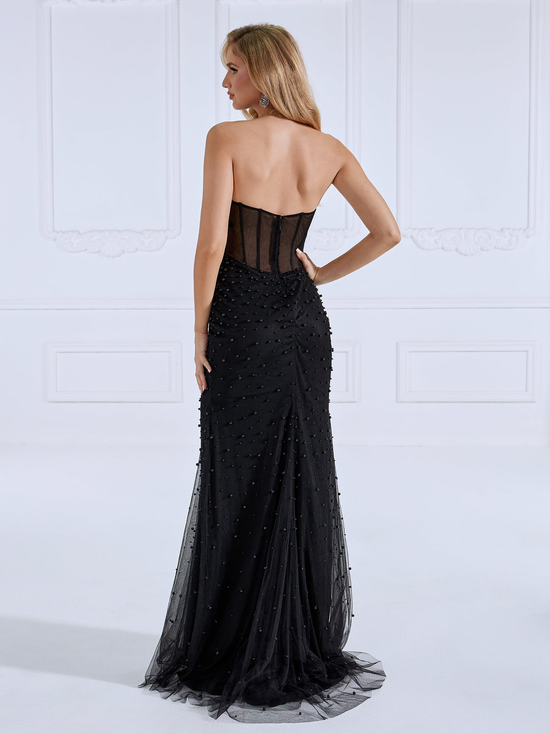 Strapless , Long Sweetheart Pearls , Prom Dress with Detachable Sleeves
