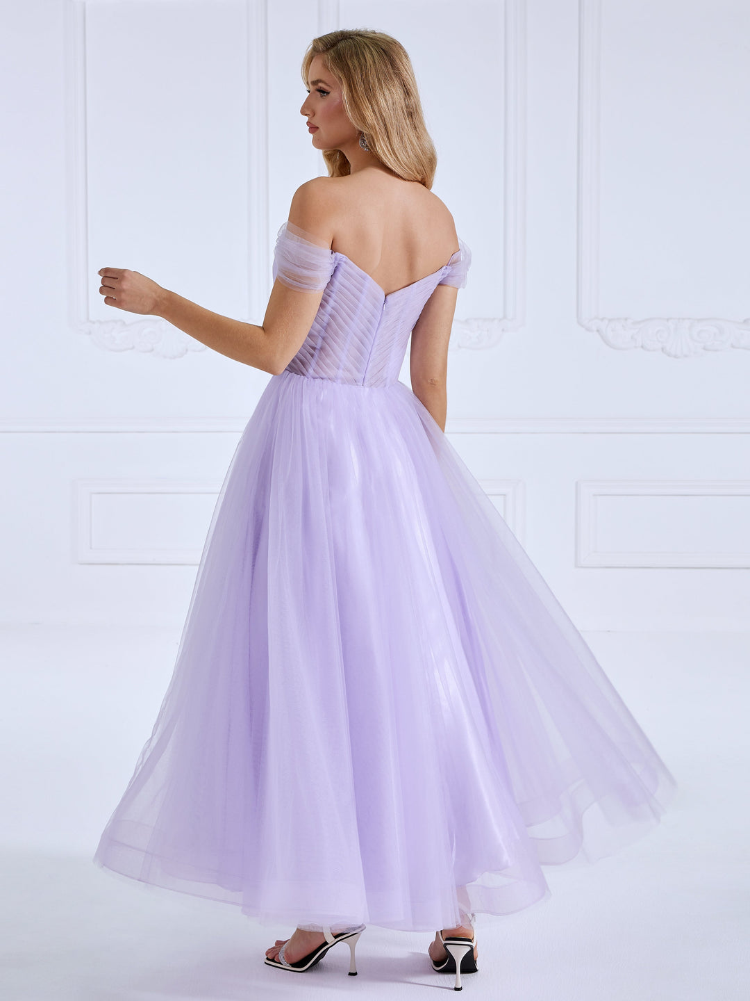 A-line, Off the Shoulder ,Tulle Prom Dresses, Ankle Length