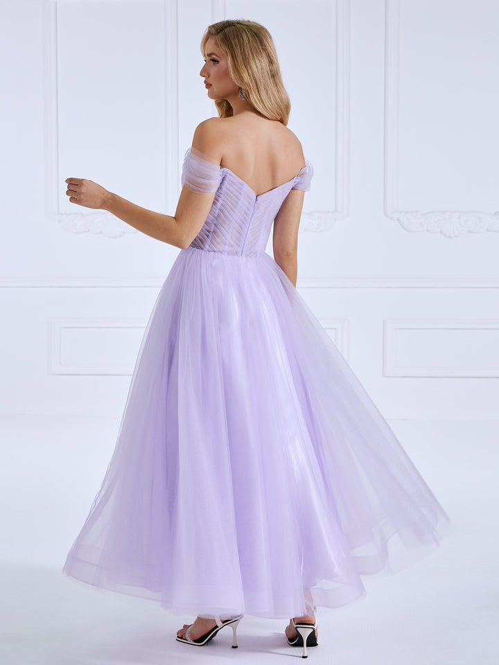 A-line, Off the Shoulder ,Tulle Prom Dresses, Ankle Length