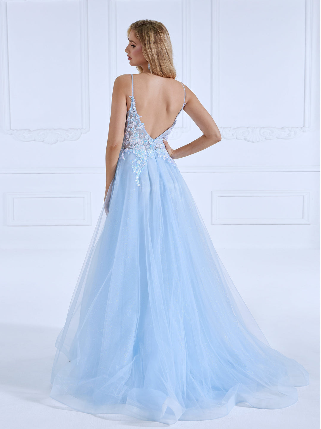 A-line, V Neck ,Floor-Length ,Light Blue, Prom Dresses with Sequins