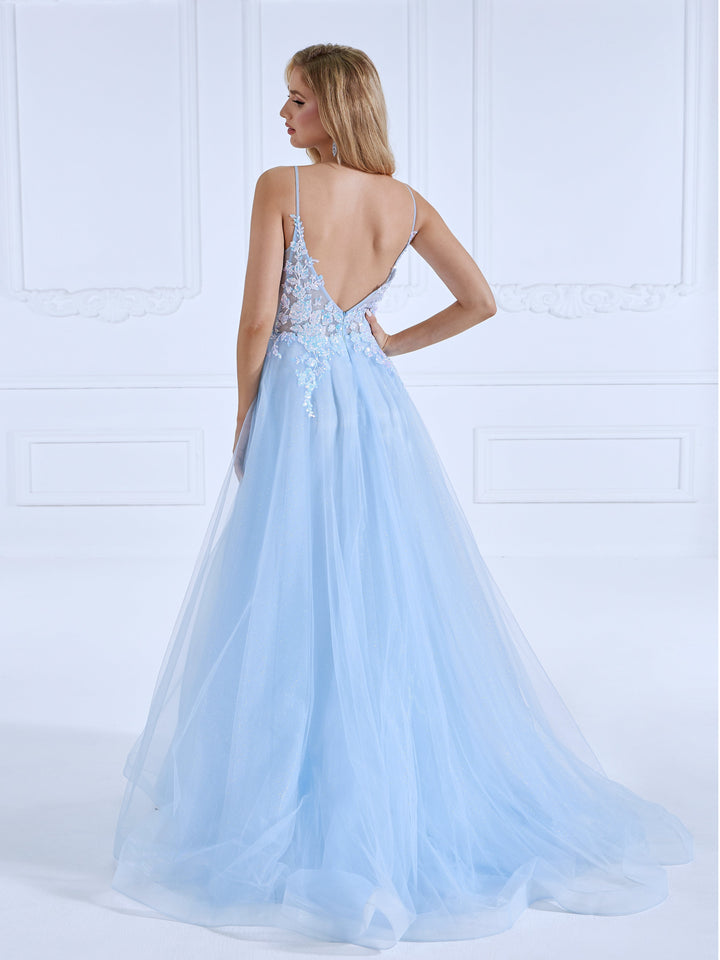 A-line, V Neck ,Floor-Length ,Light Blue, Prom Dresses with Sequins