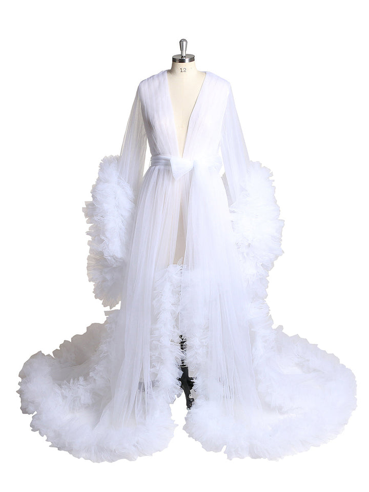 Langärmliges Brautkleid, elegantes, durchsichtiges Maxi-Umstandskleid mit Rüschen