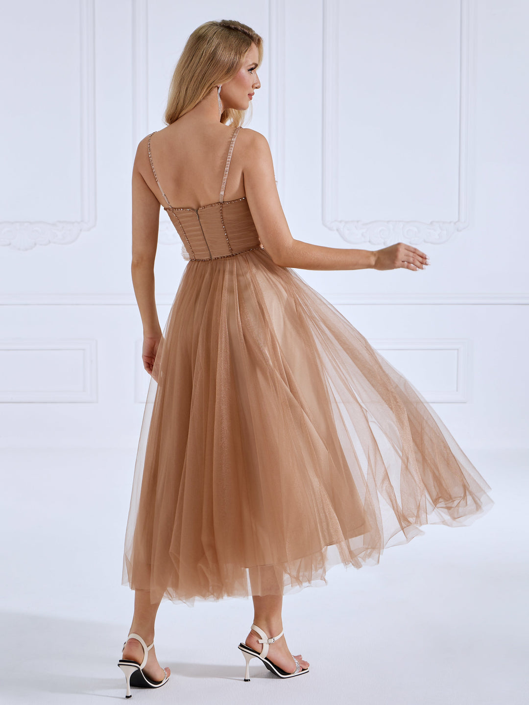Spaghetti Strap, Glitter Mesh, Ankle Length , Prom Ball Gown 