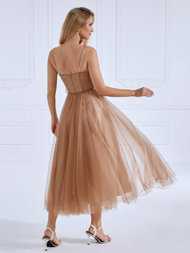 Spaghetti Strap, Glitter Mesh, Ankle Length , Prom Ball Gown 
