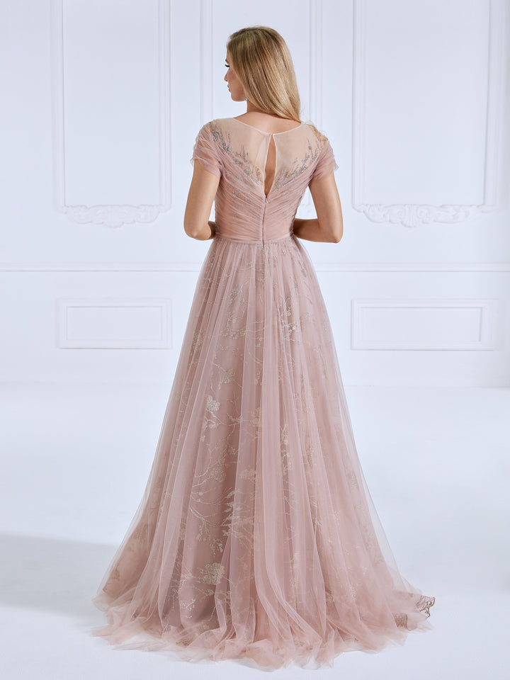 A Line,  illusion Round Neck, Floor Length , Tulle Prom Dresses With Glitter Pattern