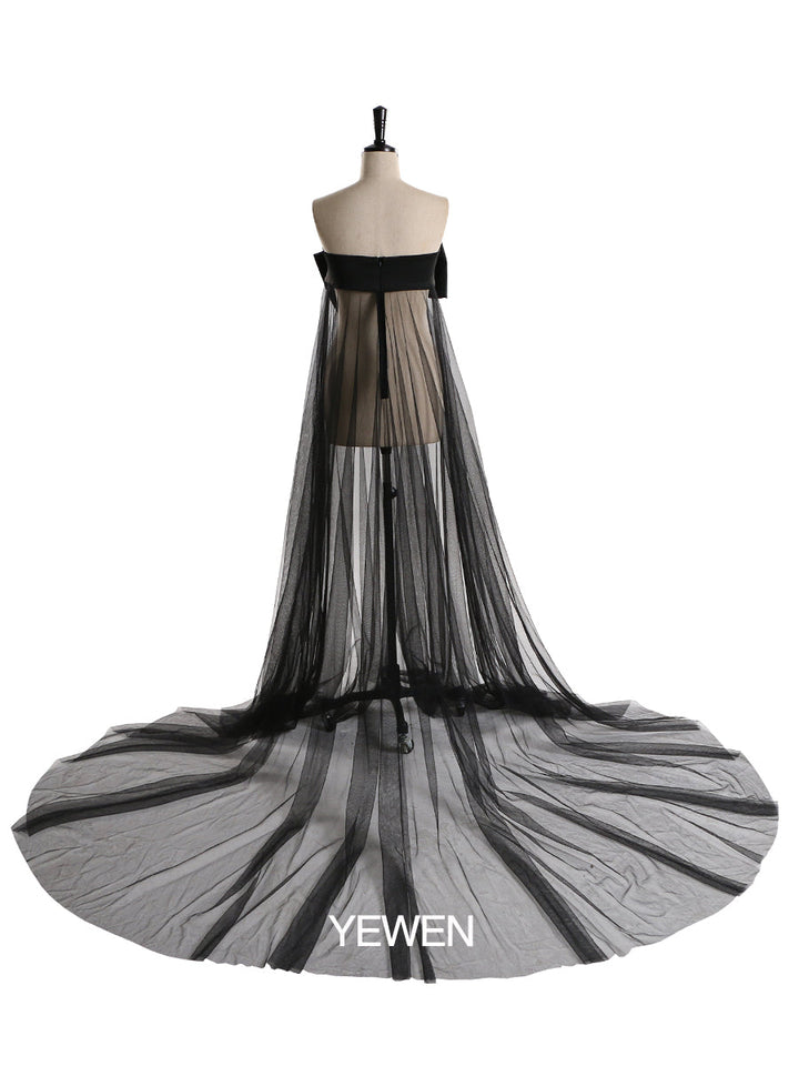 Elegantes Tüllkleid mit großer Schleife, trägerlos, durchsichtig, Umstandskleid für Babyparty, YW2130