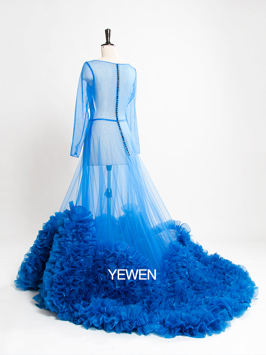 Blaues Langarm-Umstandskleid im Meerjungfrauen-Stil, Rundhalsausschnitt, durchsichtig, sexy Partykleid 