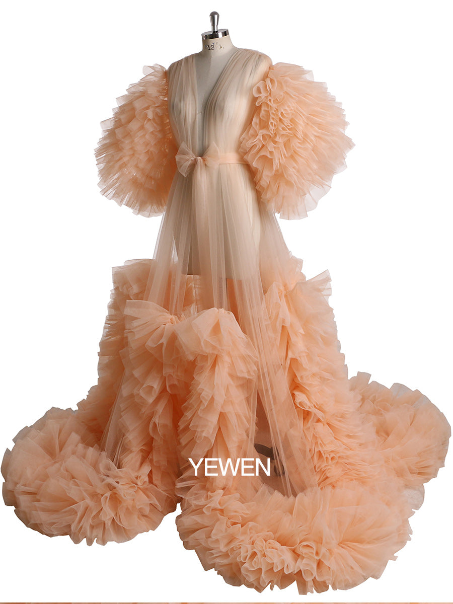 Tüll Rüschen Kurzarm Grünes Umstandskleid für Fotoshooting Kleid Babyparty 