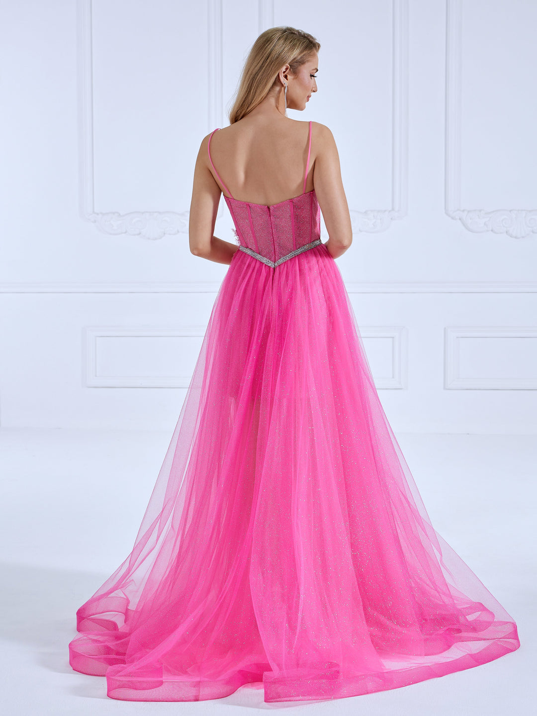 A-line , Sweetheart, Floor-Length ,Shinny Hot Pink, Prom Dresses with Crystals Belt