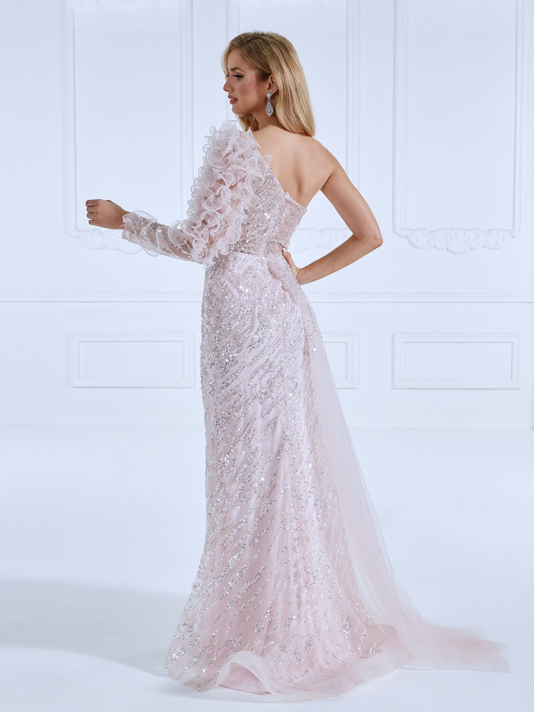 Trumpet/Mermaid, One Shoulder, Sweep Train, Soft Pink, Sequin Prom Dresses 