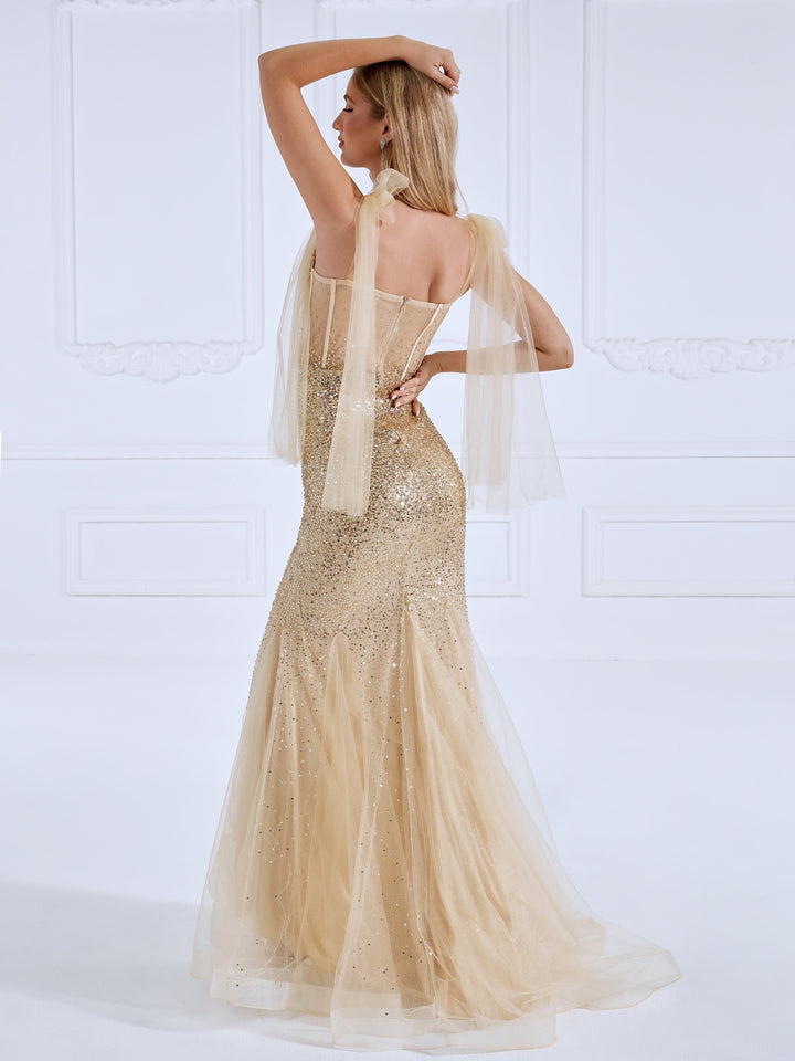 Tie Straps, Champagne Sequins , Mermaid Gown, Prom Dress