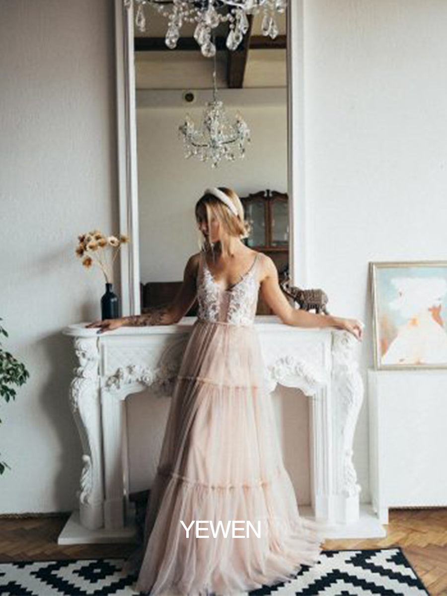 Ärmelloses Umstandskleid für Fotoshhot V-Ausschnitt Spitze Tüll Strand Brautkleid YD22603 