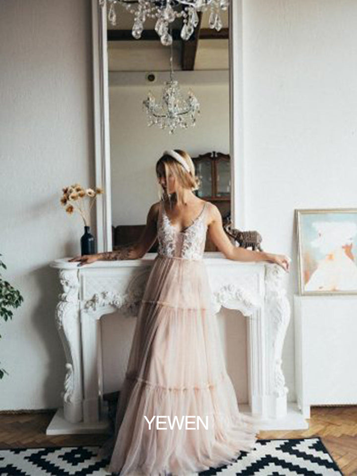 Ärmelloses Umstandskleid für Fotoshhot V-Ausschnitt Spitze Tüll Strand Brautkleid YD22603 