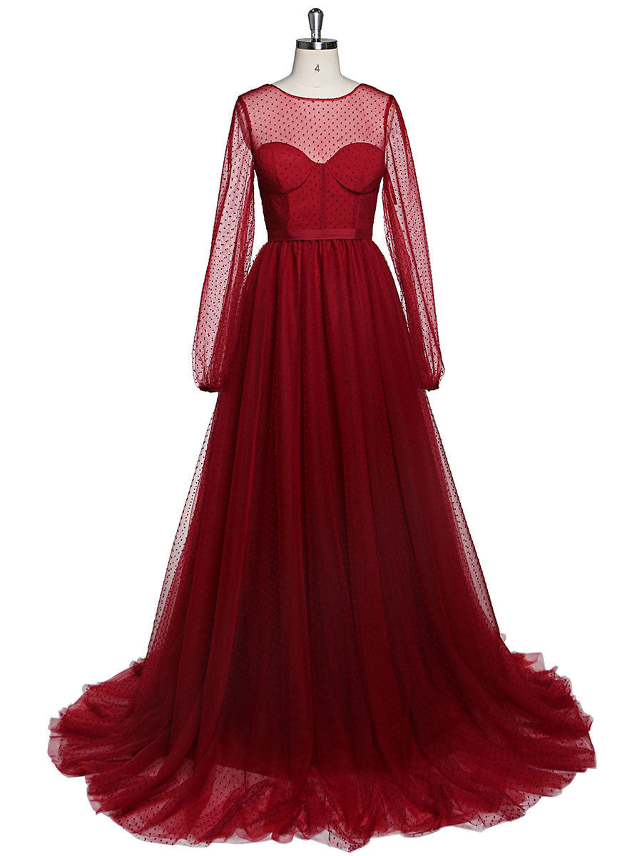 Langärmliges Ballkleid mit Rundhalsausschnitt und gepunktetem Tüll für Fotoshootings 