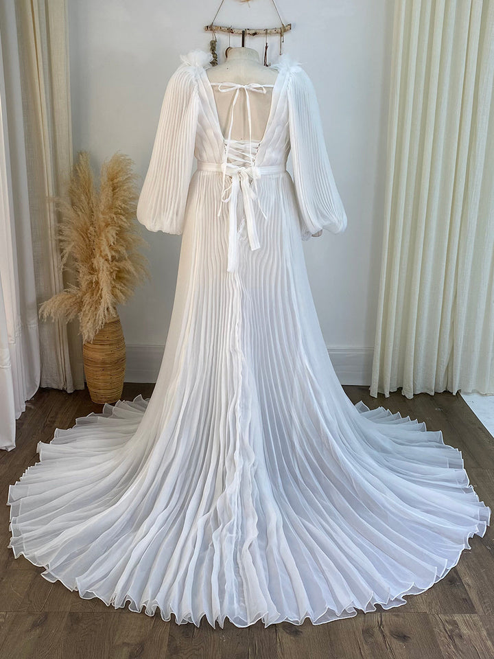 Lange Ärmel V-Ausschnitt Hochzeit Brautjungfernkleid Weiches Organza Plisseekleid YW243114 