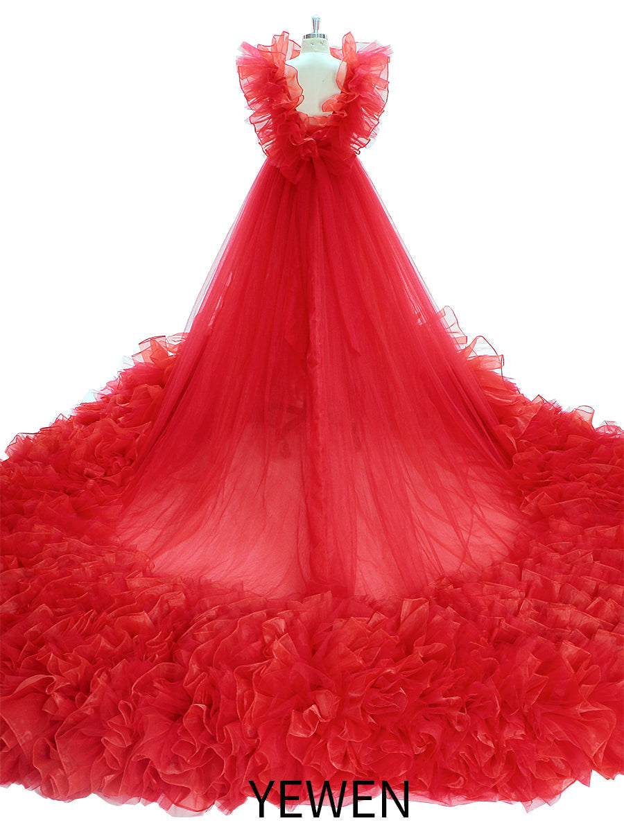 Long Train Ruffles, Tulle Red Wedding Dress, Photo Shoot Dress