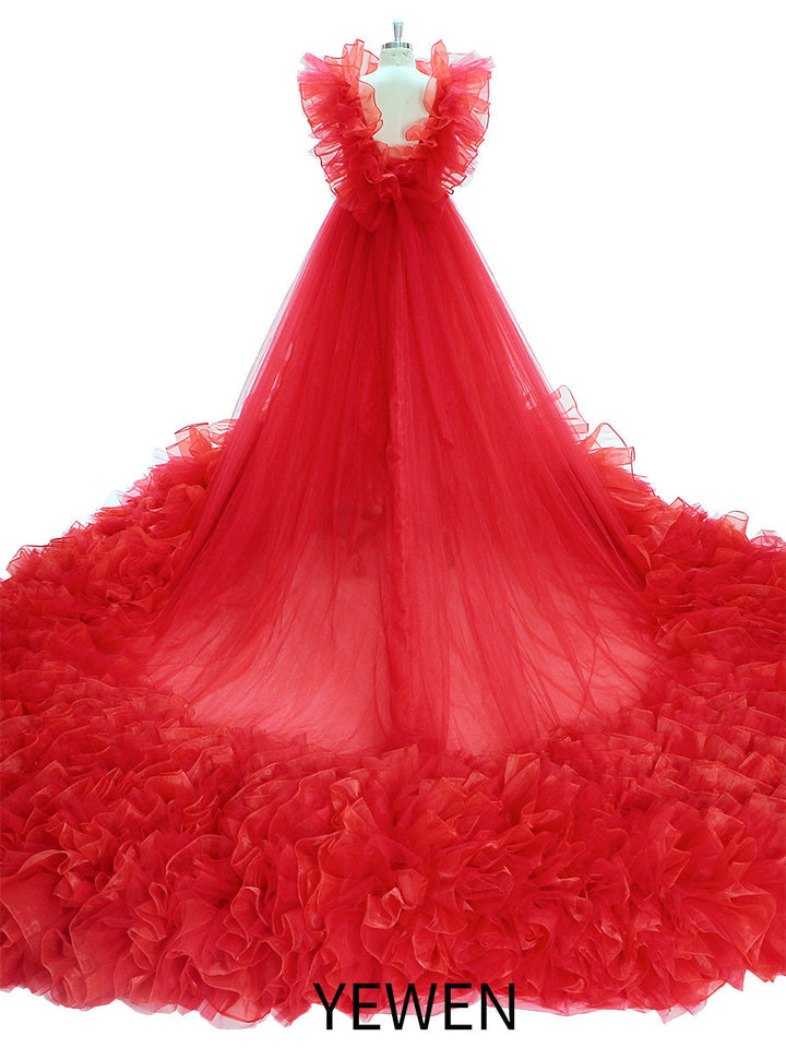 Long Train Ruffles, Tulle Red Wedding Dress, Photo Shoot Dress